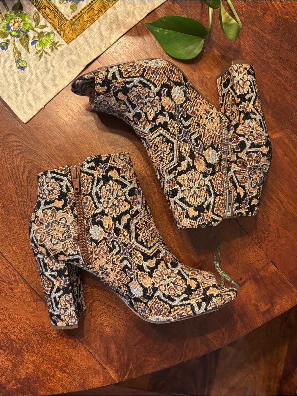 Candie's Tapestry Floral Block Heel Ankle Boots with Peep Toe